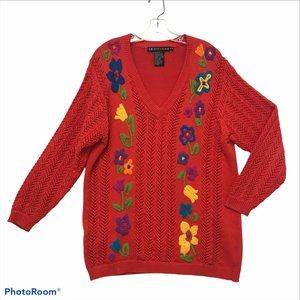 VTG Womens M Longline  Sweater Red Embroidered Flowers Cottagecore Y2K
